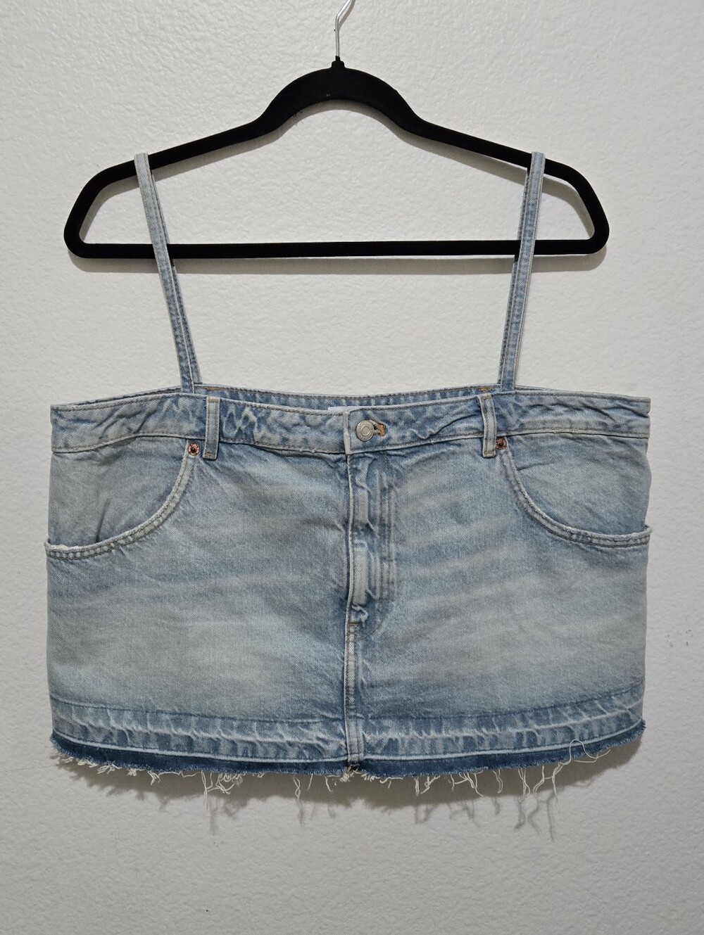 Zara Cropped Denim Tank Top Light Blue Button And Zipper Front Size XL